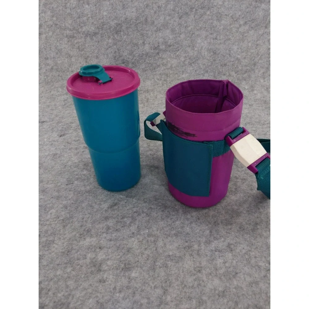 vtg 90s Tupperware Thirst Quake Teal/Purple‎ Drink Tumbler W/Lid & Carry Bag